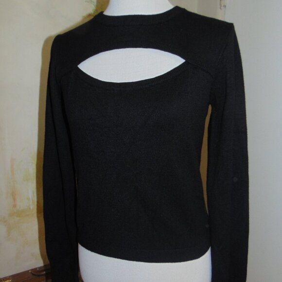 AQUA Womens Black Open Chest Knit Crewneck Top Stretchy Soft Sweater Large L - Picture 1 of 9